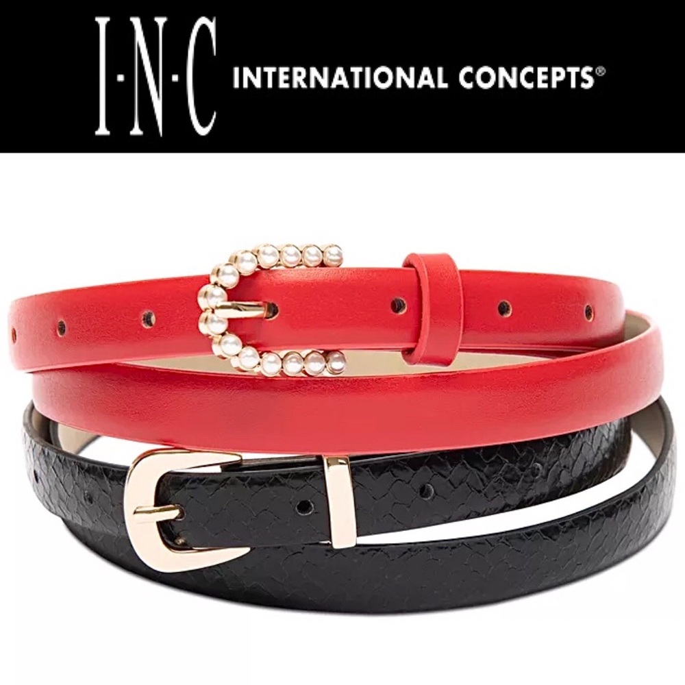 INC International Concepts Red and Black Slim Double Belt Set with Pearl Accent